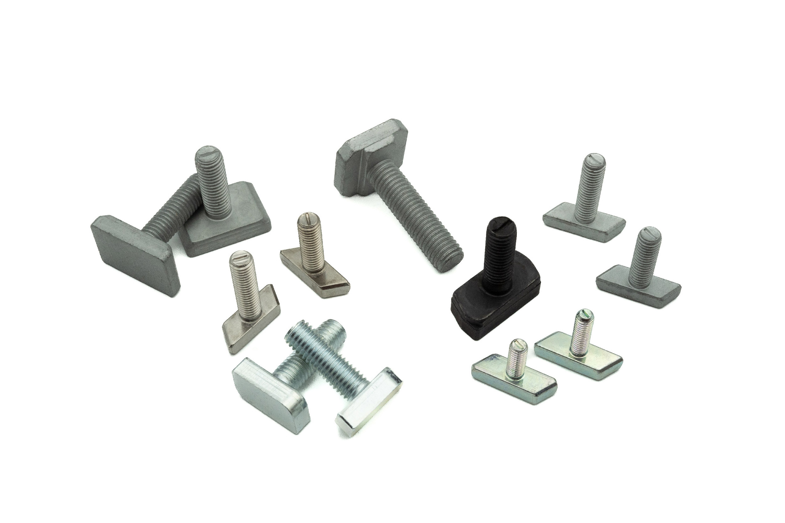 Assorted fasteners used in railway components such as coaches and interiors, bogies, and infrastructures, highlighting Colombo Fasteners' specialized solutions for the railway industry.