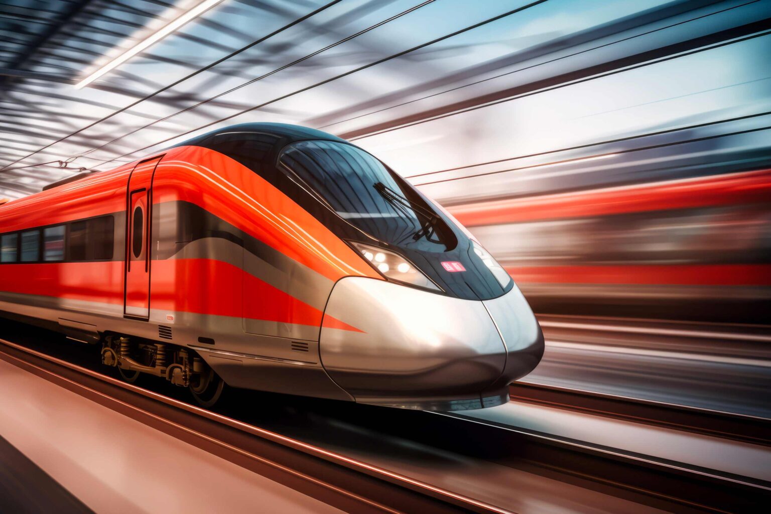 High-speed train in motion, representing the reliable fasteners provided by Colombo Fasteners for the railway industry, ensuring safety and durability.